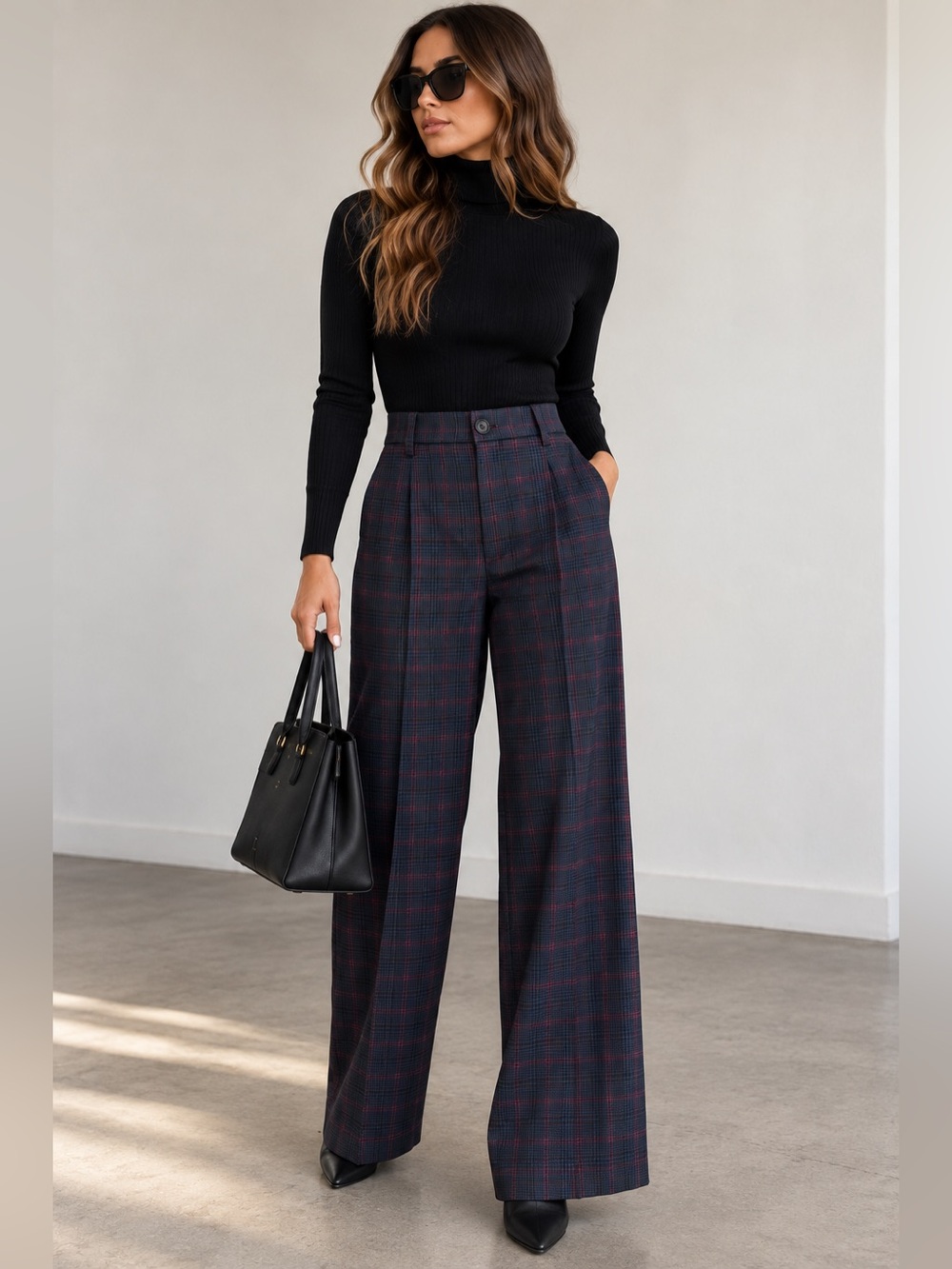 ZARA Plaid Wide Leg Trousers Navy Burgundy Size M NWT